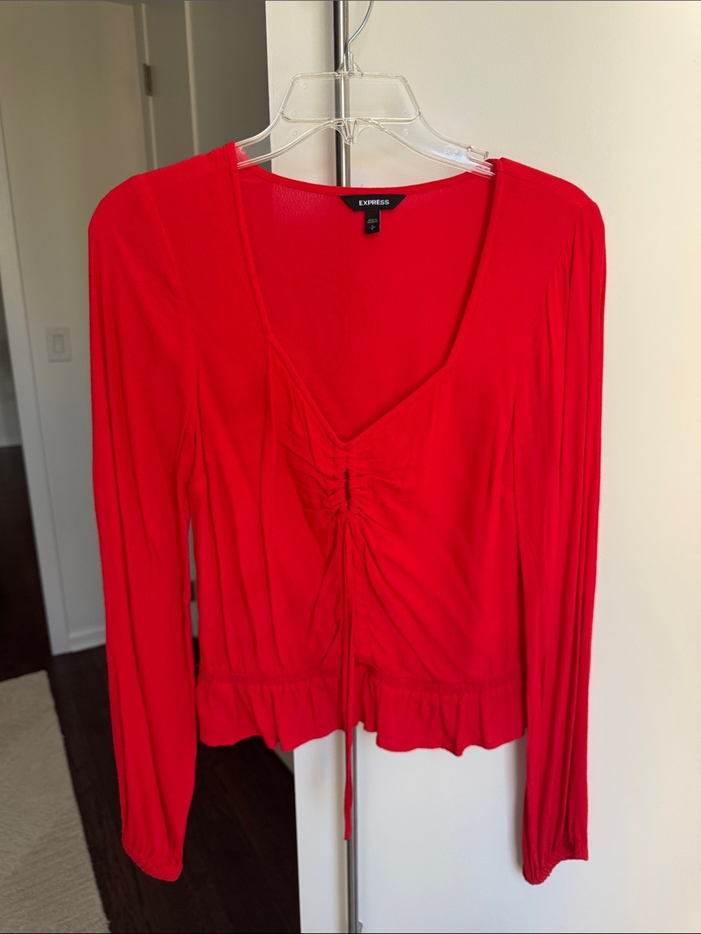 Express Red Long-Sleeve V-Neck Ruched Drawstring Top
